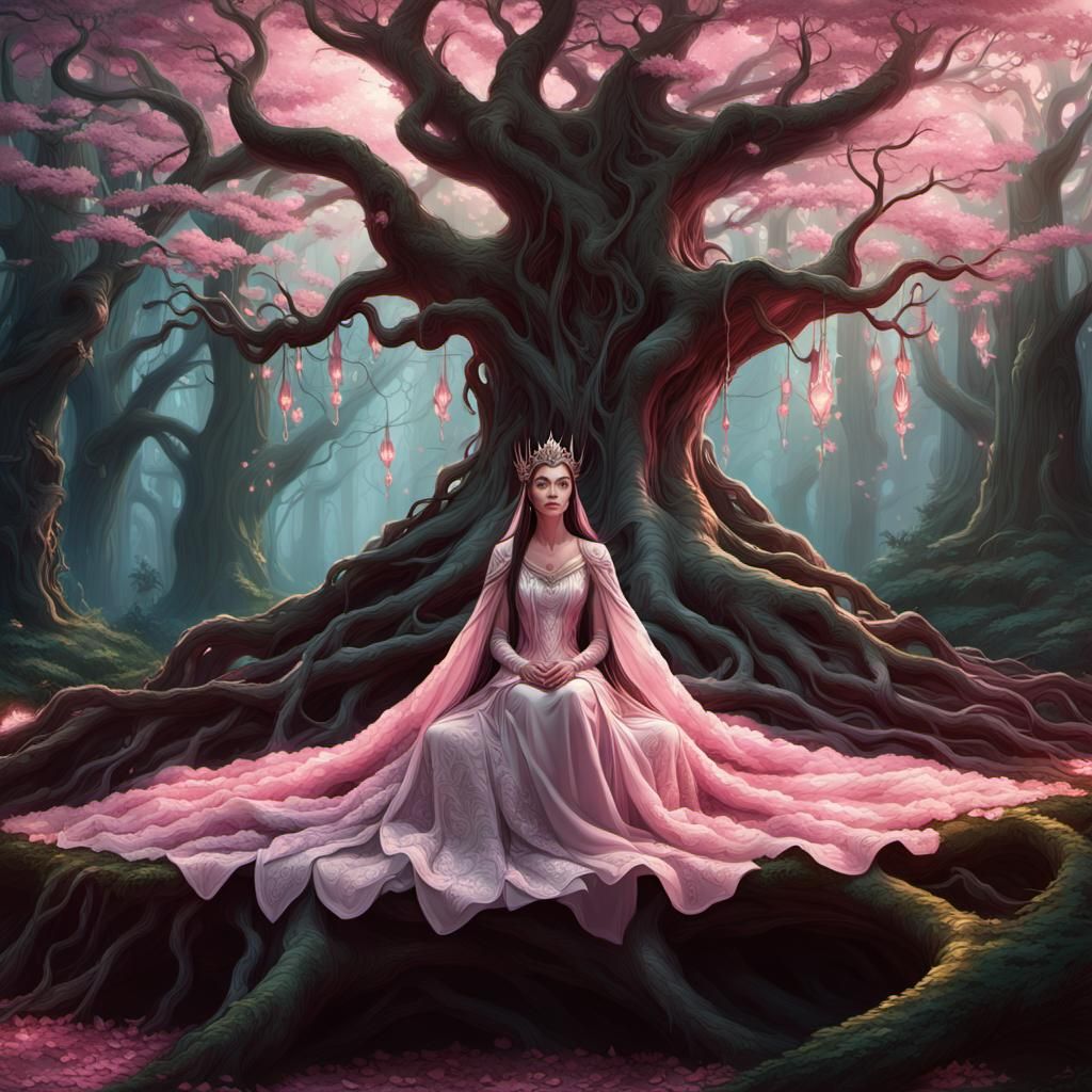 Elven Queen on Root Throne in Glowing Forest