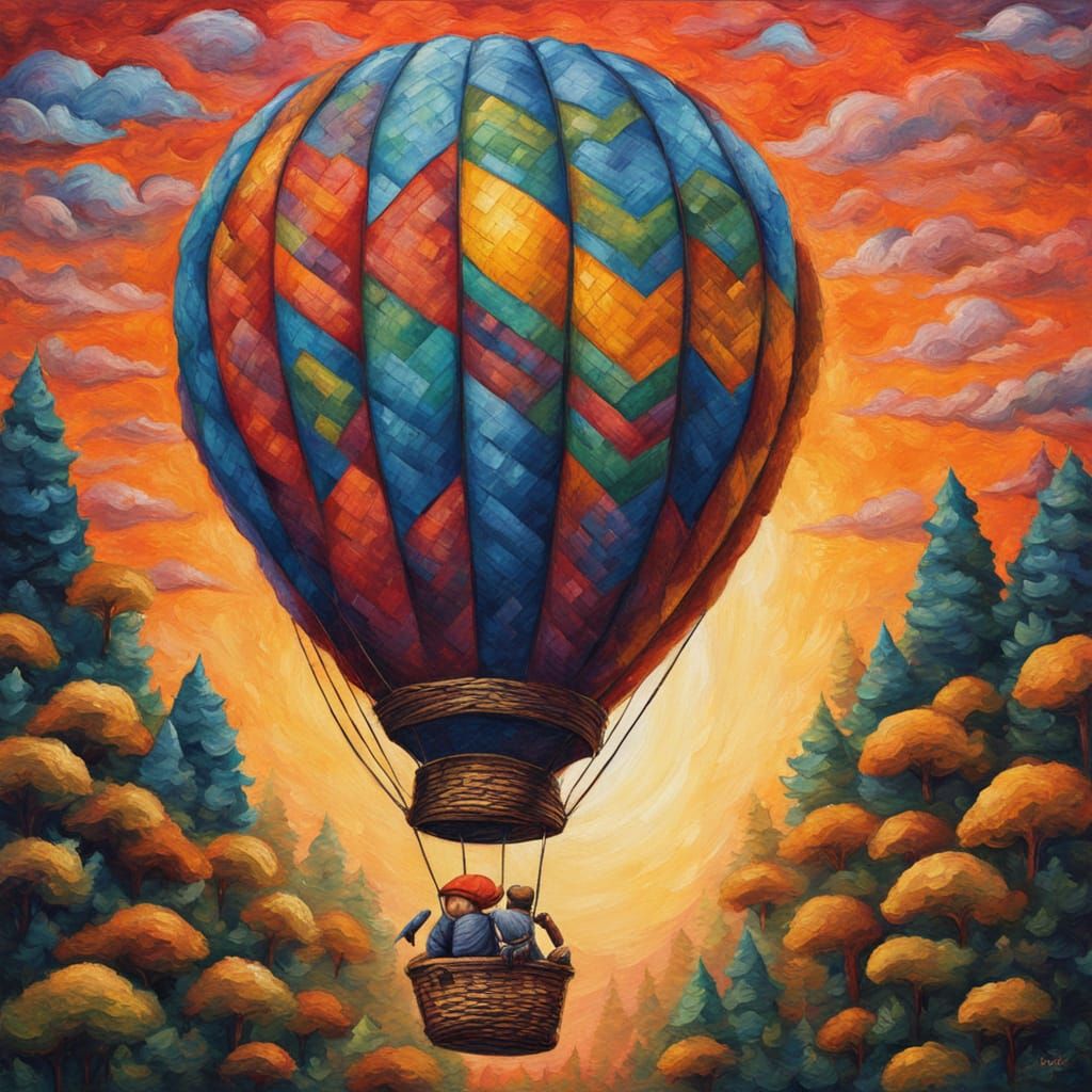 Woodland Creature in Hot Air Balloon: Neo-Impressionist Oil ...