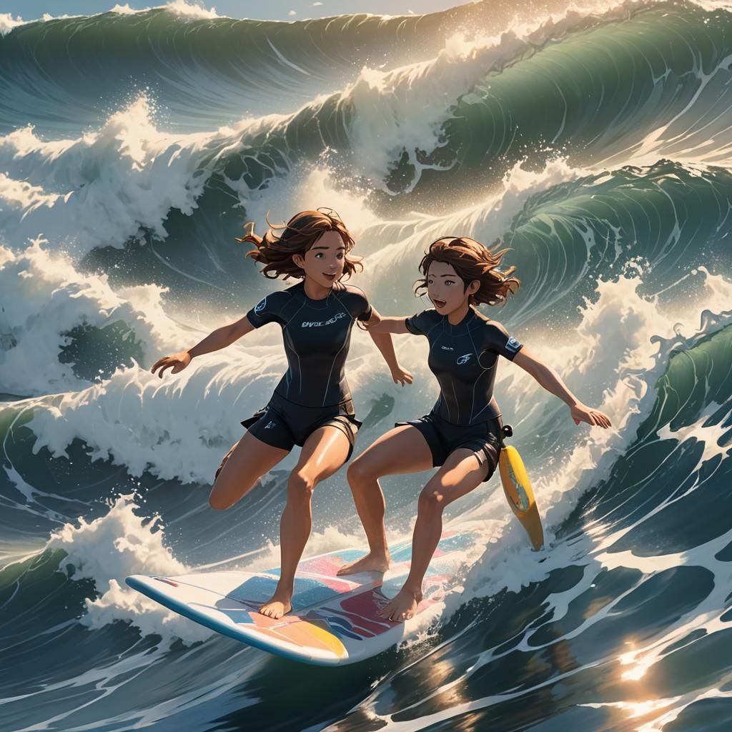 Anime Girl Surfing a Huge Wave in Summer