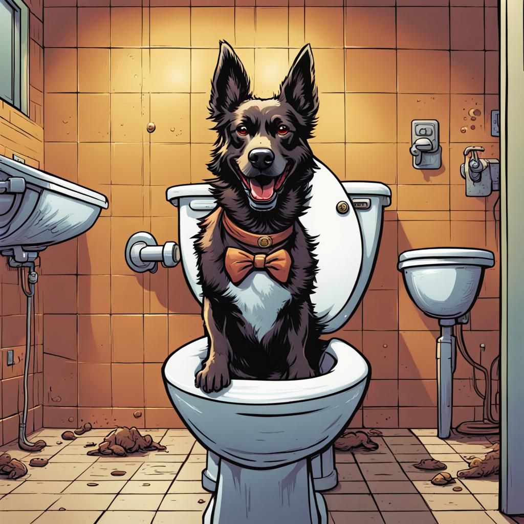 Happy Dog on Toilet in Comic Book Art