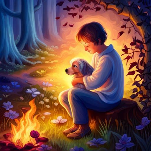 Boy and Puppy in Mythical Flower Forest