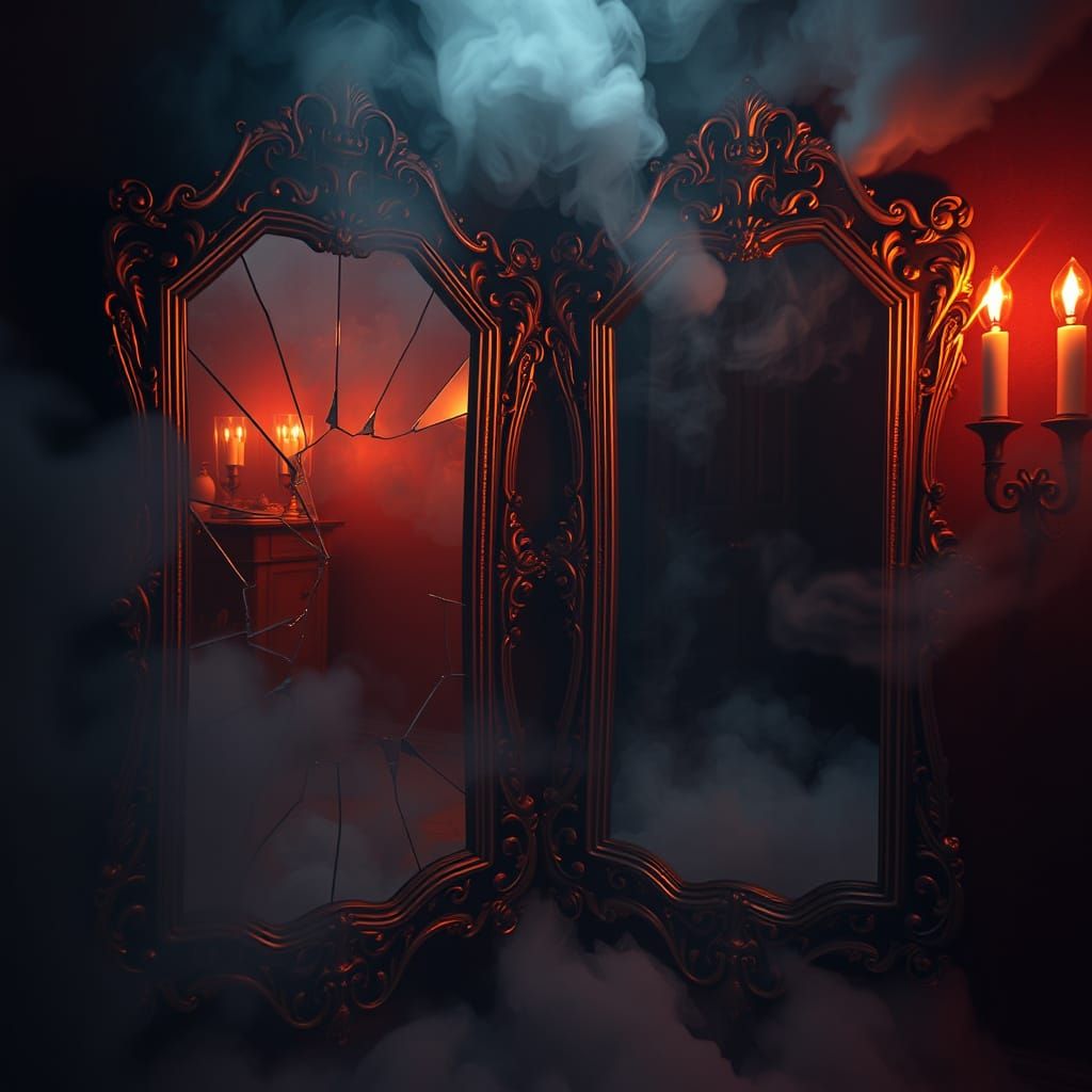 Ethereal Smoke Wisps Reflected in Cracked Mirrors