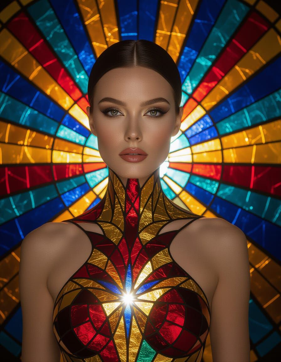 Woman as Core of Stained-Glass Galaxy in Chiaroscuro