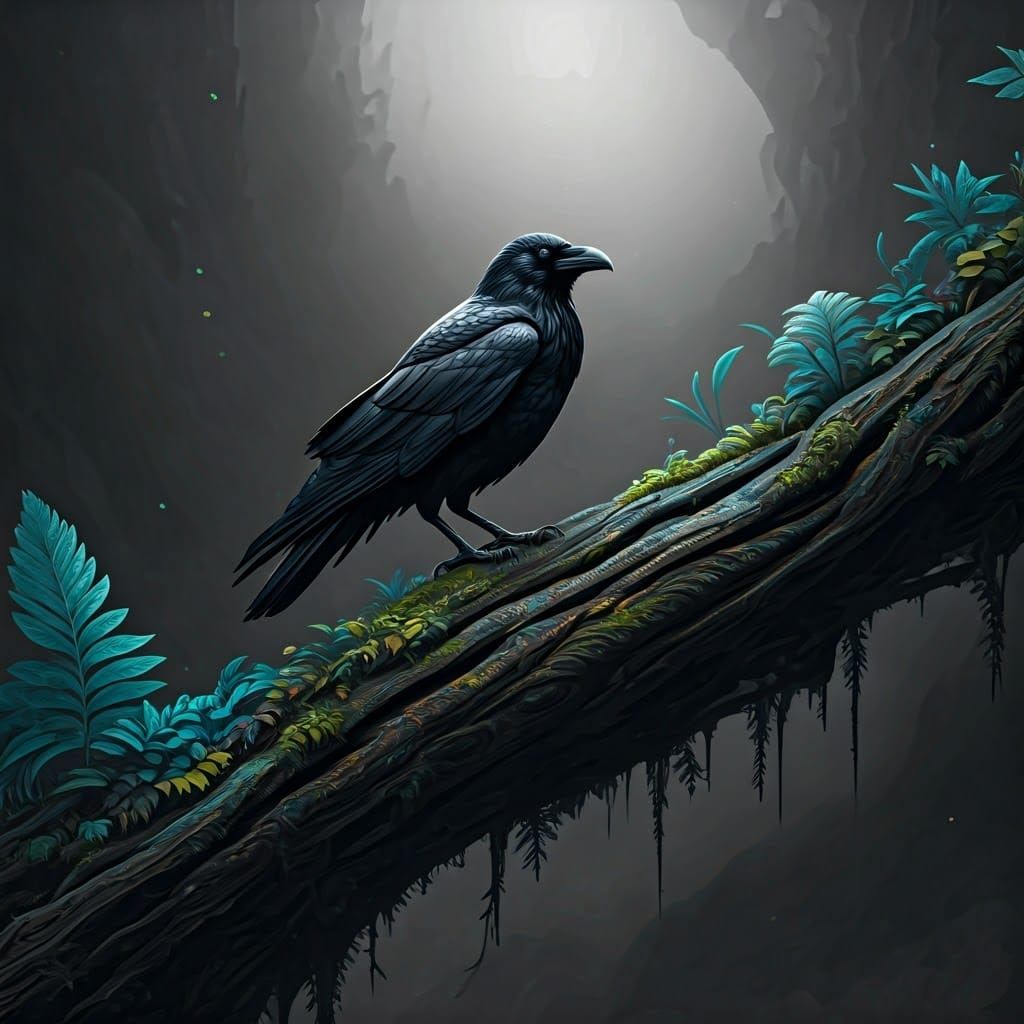 Mystical Crow in Black and White Matte Painting