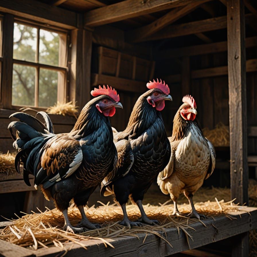French Hens Roost in Rustic Coop, Photorealistic