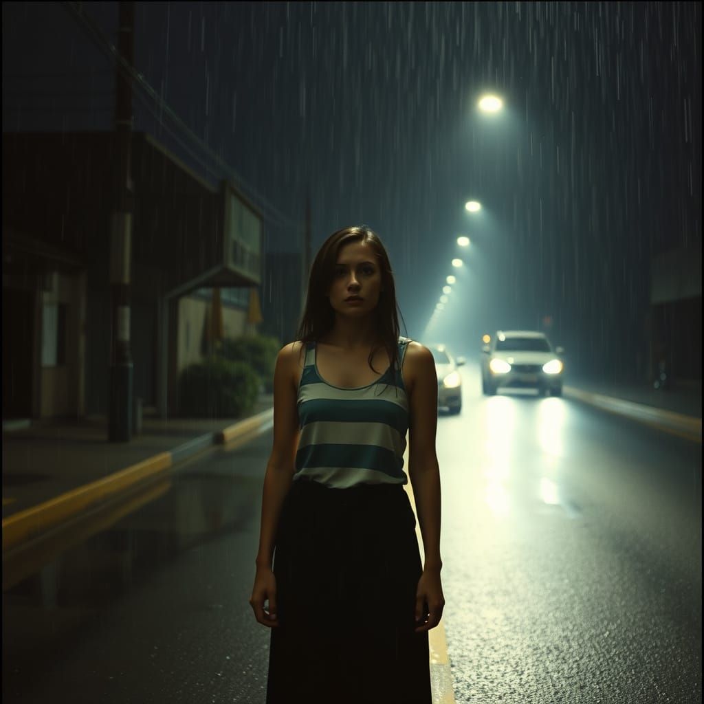 Woman in Distress on Deserted Rainy Street