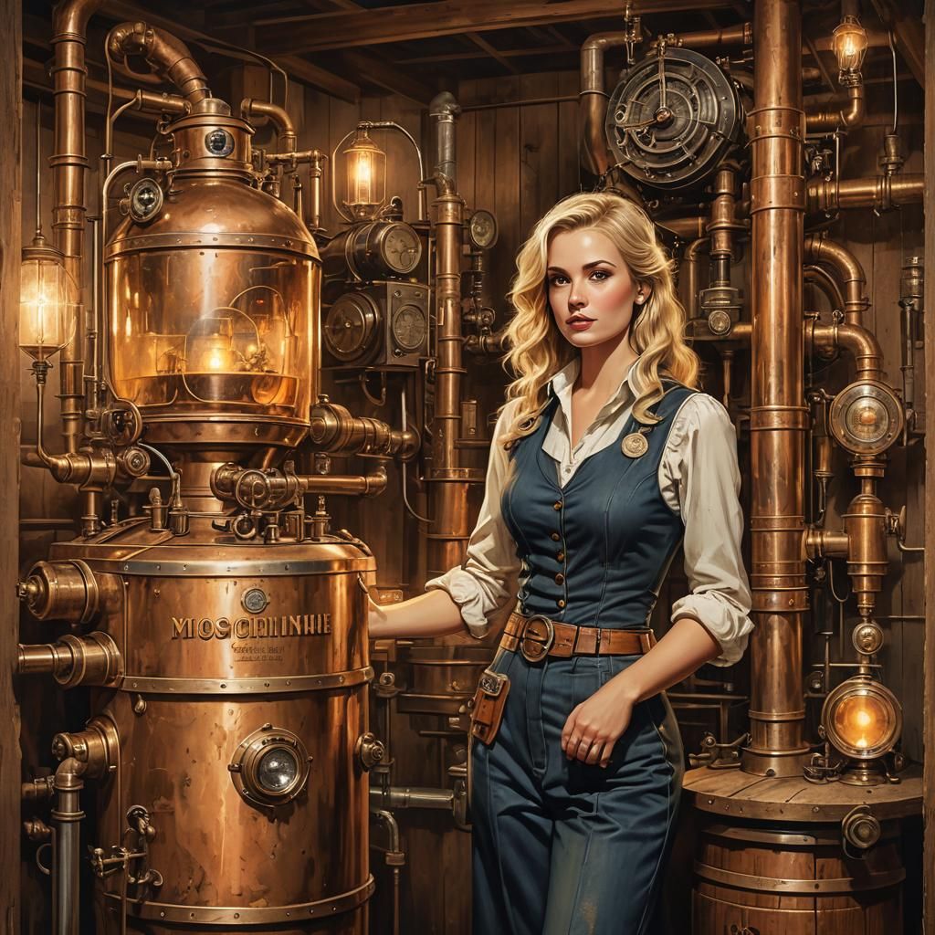 Steampunk Moonshine Still: Vintage American Poster Art