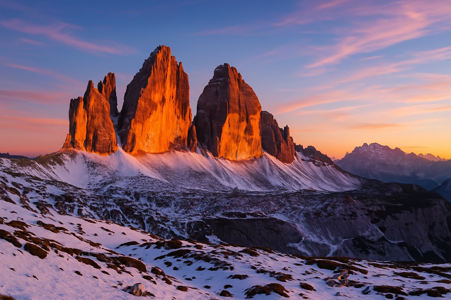 Tre Cime di Lavaredo at Sunrise in Dolomites