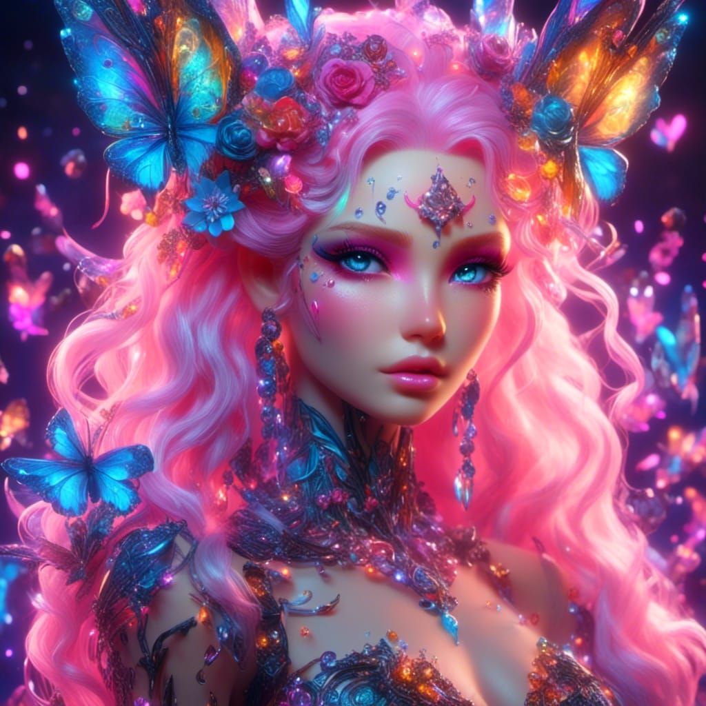 Stunning Fae Woman with Neon Wings in Cyberpunk Style