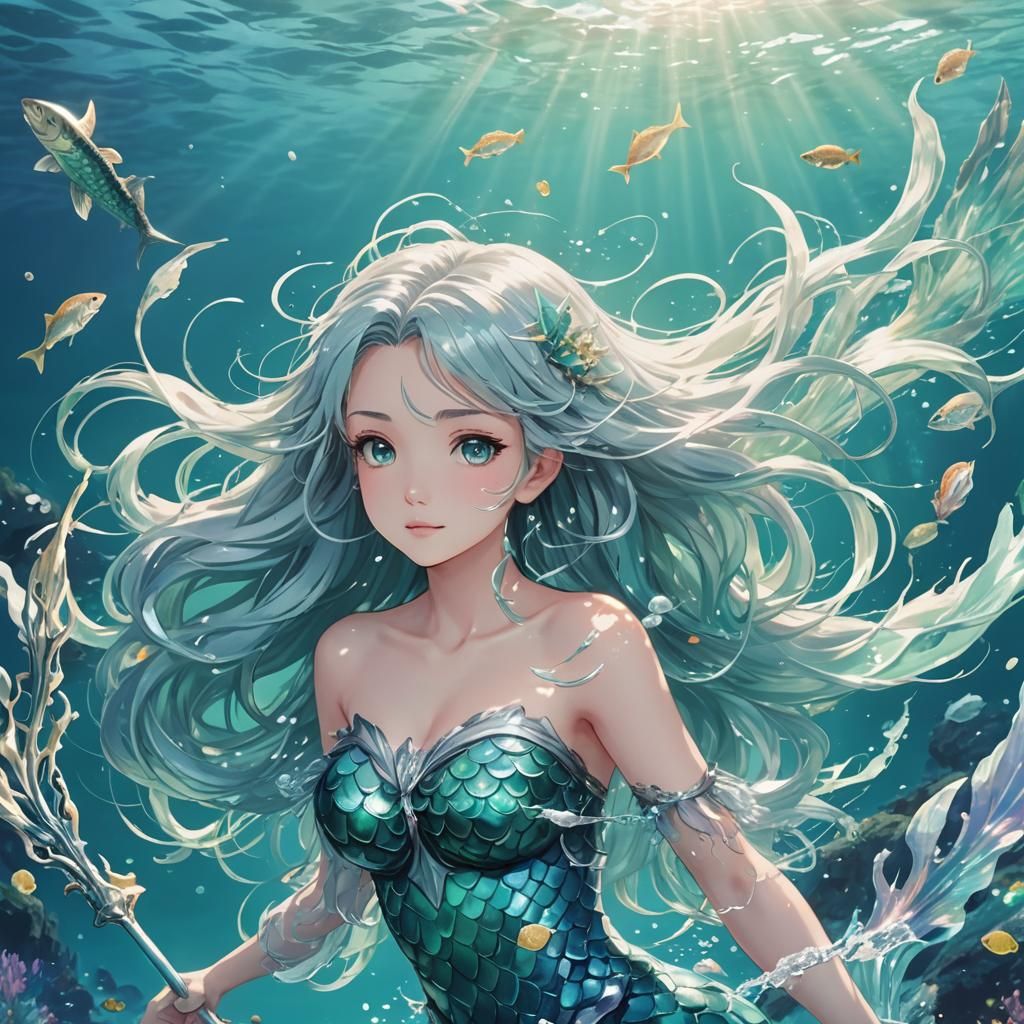 Anime Mermaid Key Visual with Silver Hair
