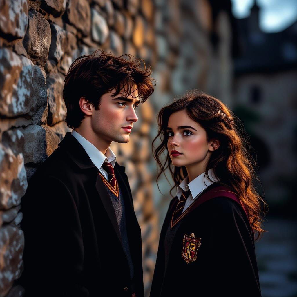 Twilight Scene: Man Admires Hermione by Stone Wall