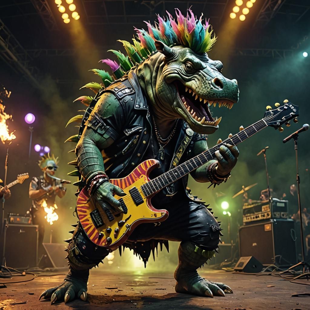Psychedelic Punk Hippopotamus-Crocodile Creature Rocks Stadi...
