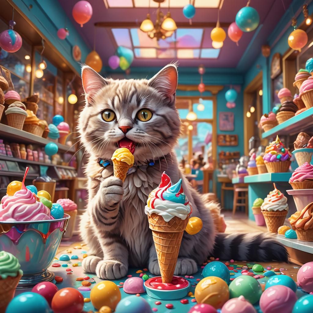 Cute Kitty in Candy Store: Whimsical Digital Art