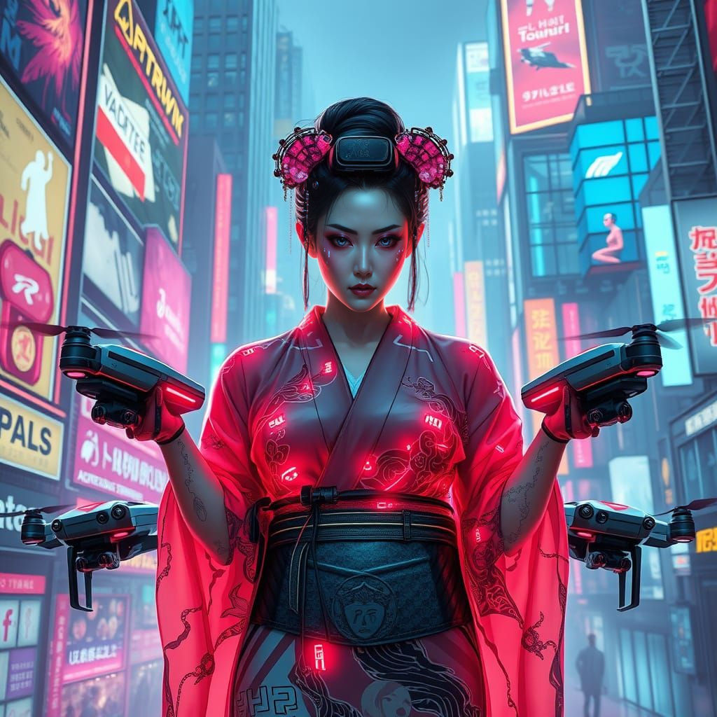 Cyberpunk Geisha Commands Drones in Neon City
