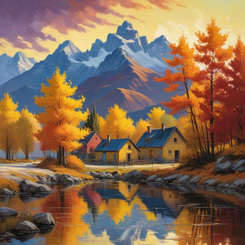 Vibrant Autumn Village Landscape in Oil on Canvas