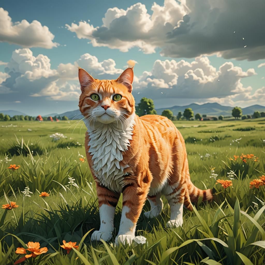 Orange Cat in Field, Low Poly 3D Render