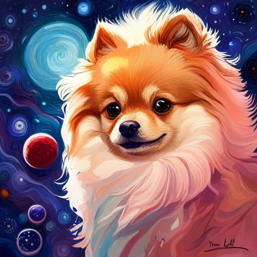 Pomeranian Dog in Starry Sky, Detailed Illustration