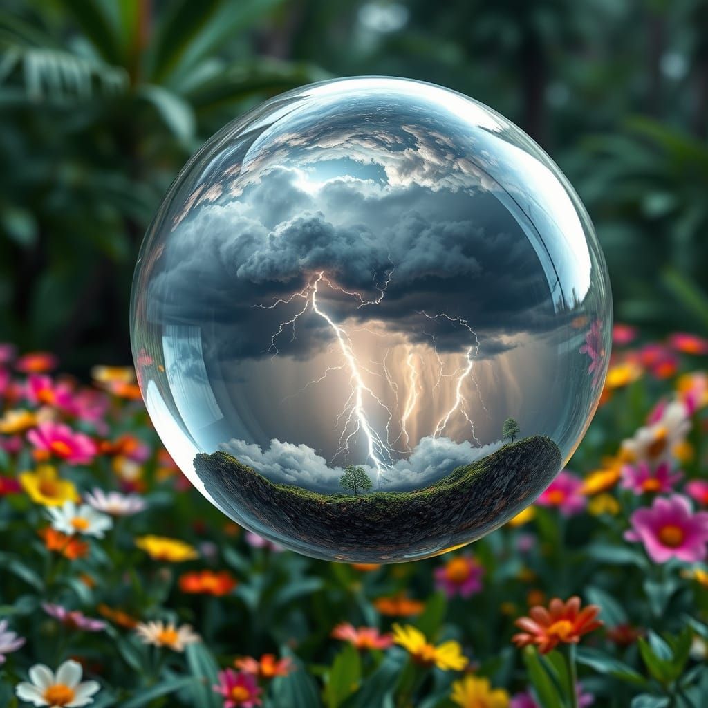 Storm in Glass Orb Over Jungle Clearing