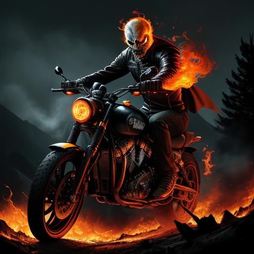 Epic Dark Fantasy Scene of Ghost Rider Riding a Flaming Moto...