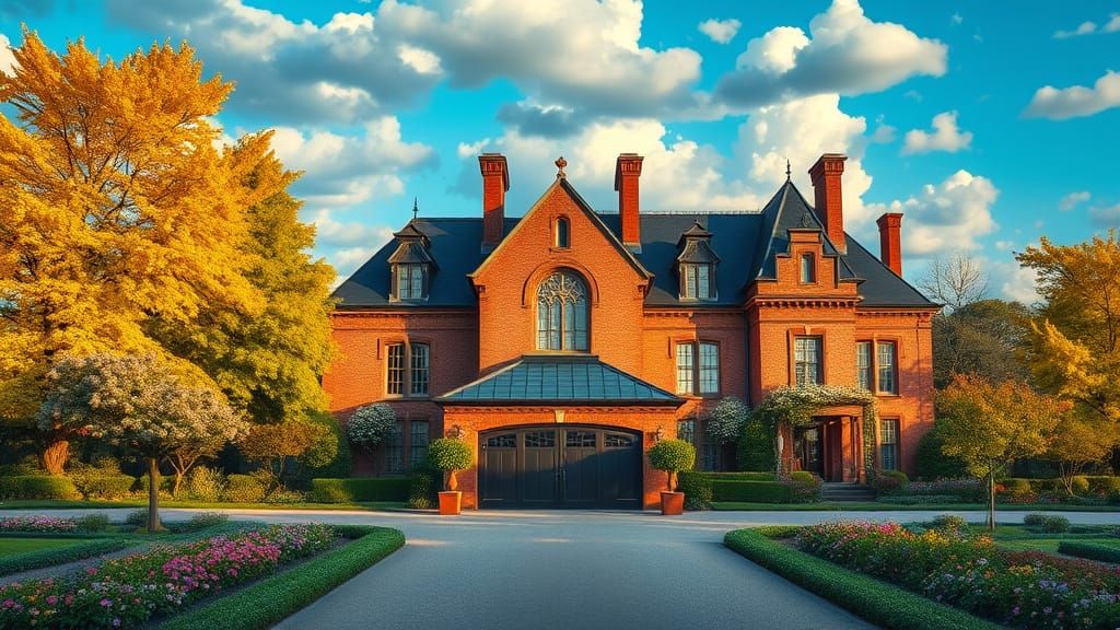 Grand Brick Chateau with Vibrant Autumn Foliage
