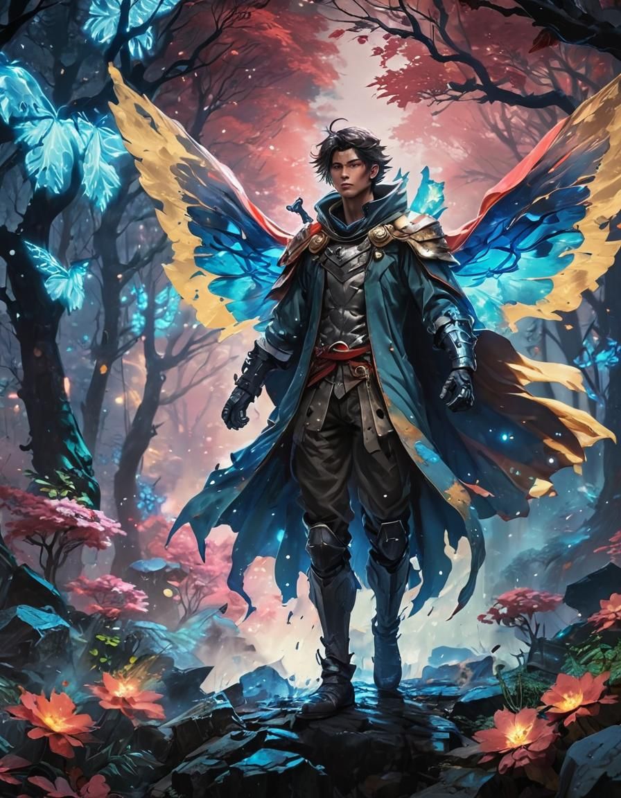 Heroic Anime Character Protecting Settlement in Misty Forest