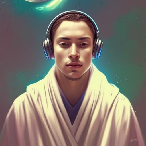 Young Man with Headphones in Galactic Art Style