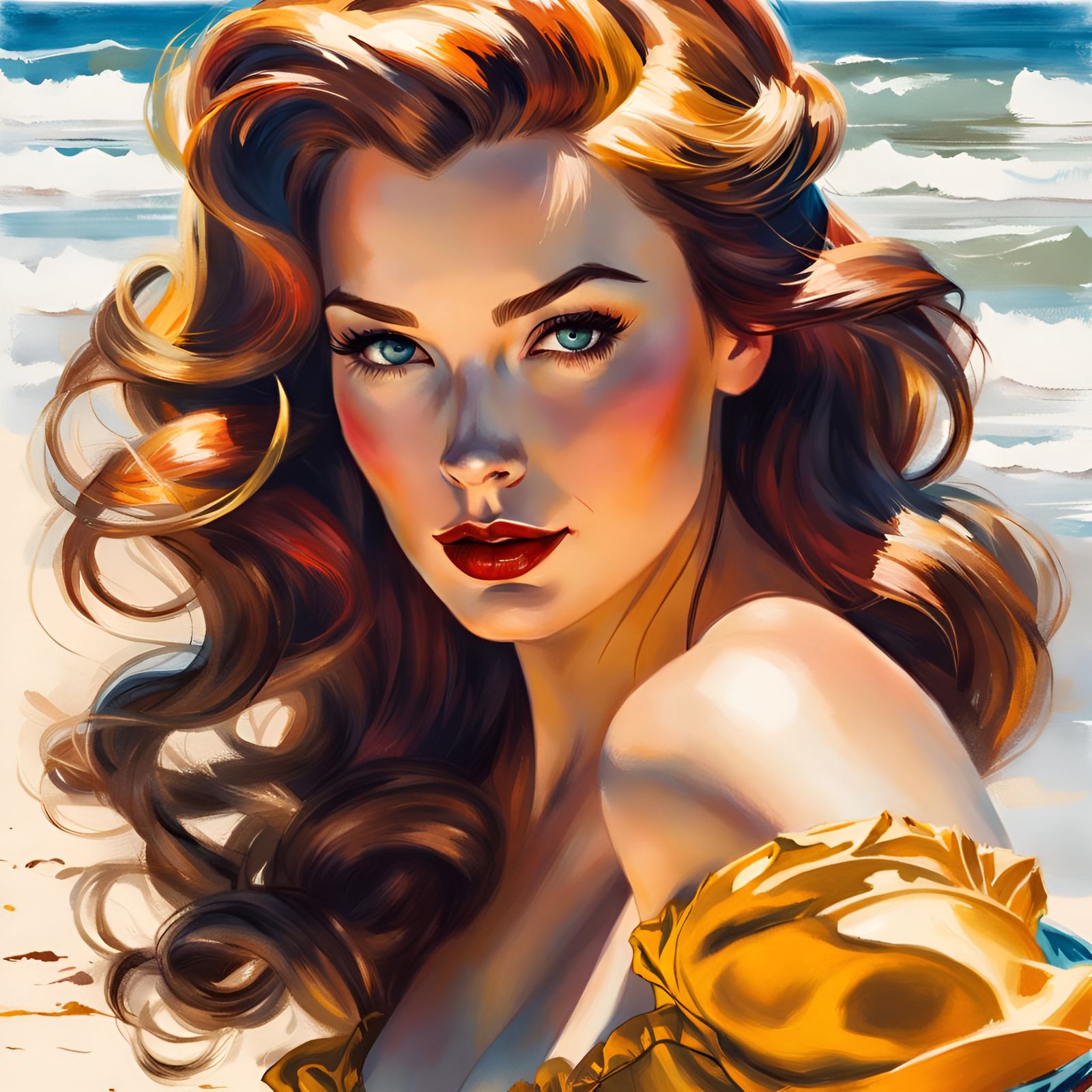 Princess Belle's Beach Portrait in Pin-Up Style