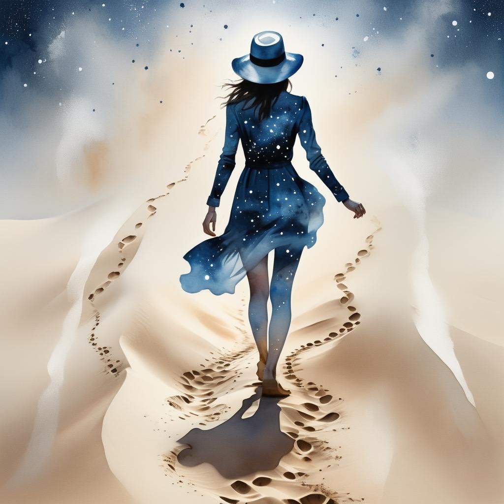 Desert Footprints Silhouette in Kinetic Pointillism Style