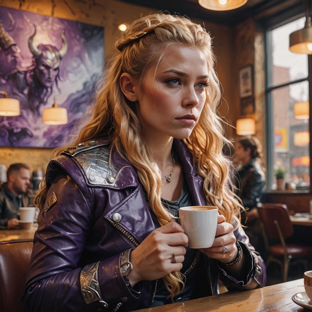 Viking Warrior in Cafe: An Oil Painting