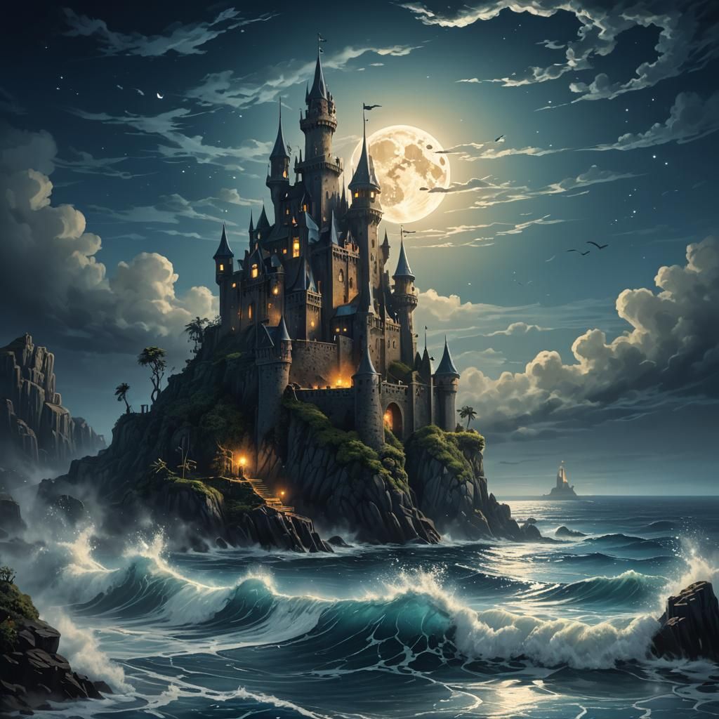 Moonlit Castle Seascape with Bioluminescent Plants