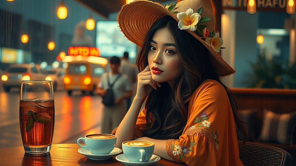 Woman in Cozy Café, Lost in Thought, with Soft Eyes and Deli...