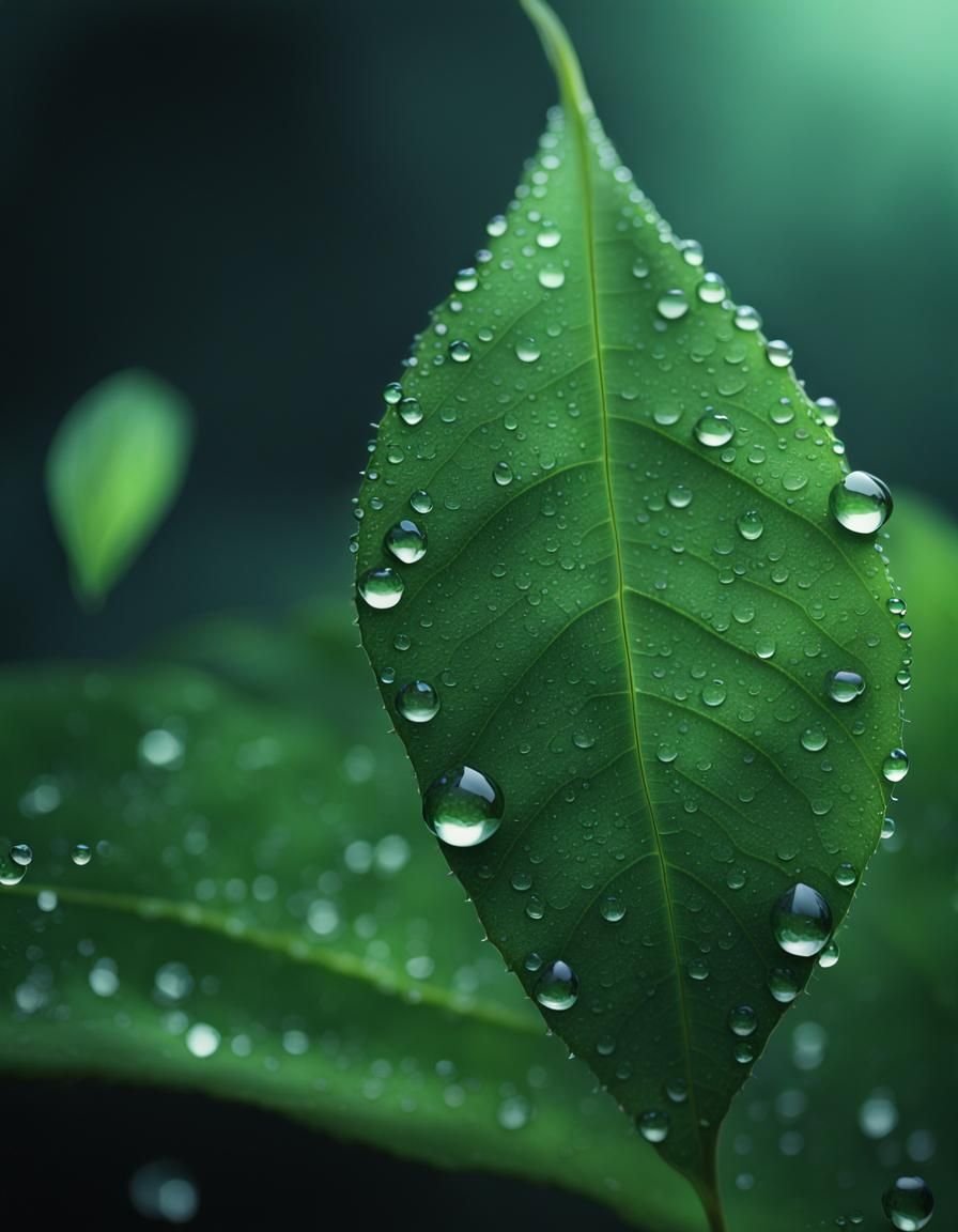 Green Leaf with Dew Droplets: Digital Matte Painting