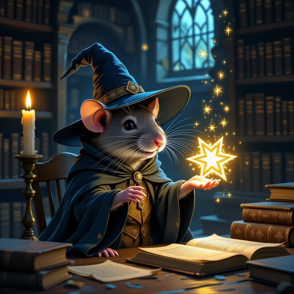 Wise Rat Wizard Holding Magical Star in Library