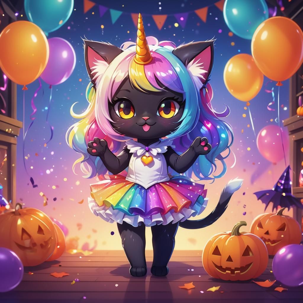 Chibi Anime Cat-Girl in Unicorn Halloween Costume