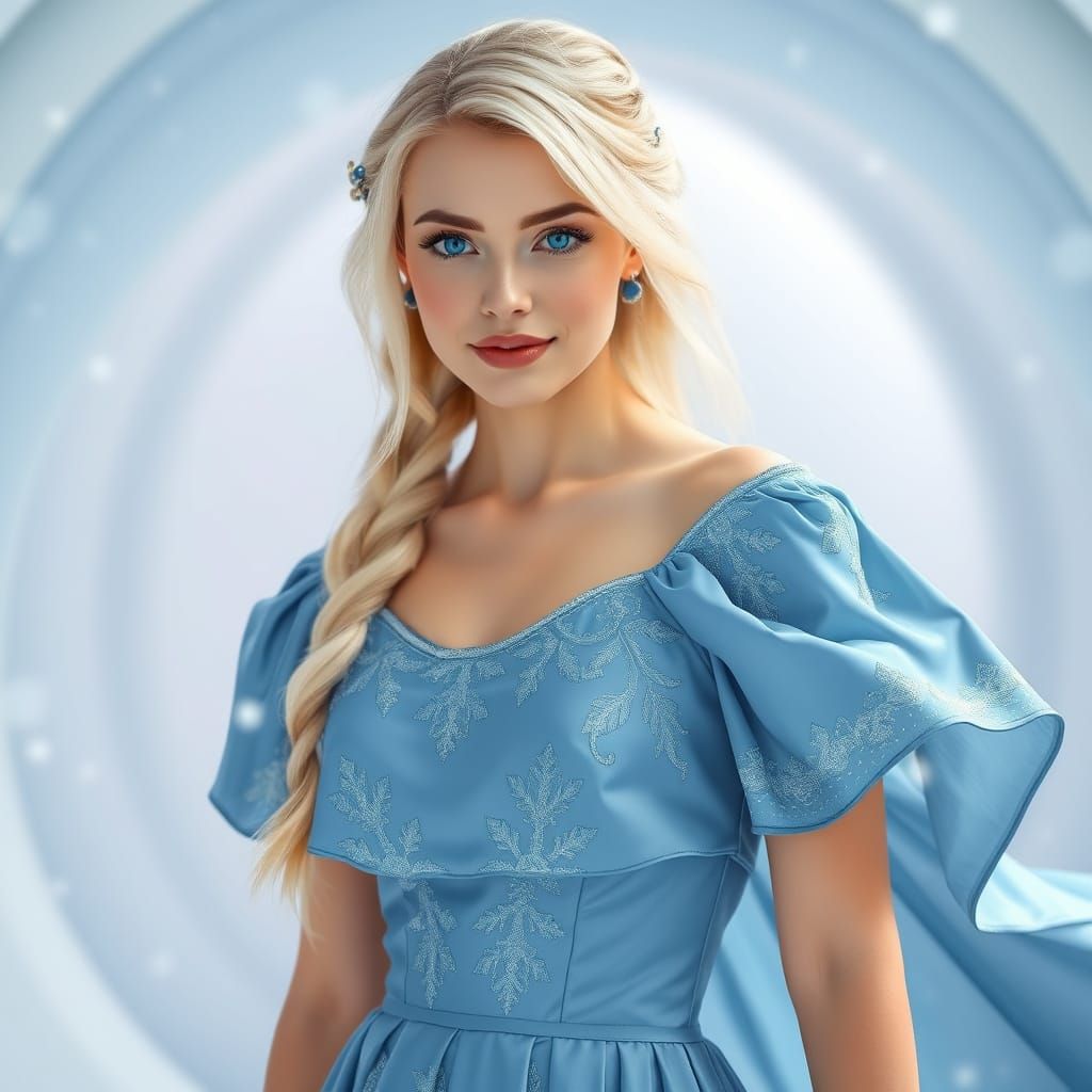 Elegant Fantasy Woman in Icy Blue Gown and Heels