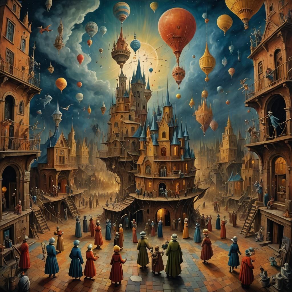 Epic Surrealist Gathering with Flying Figures