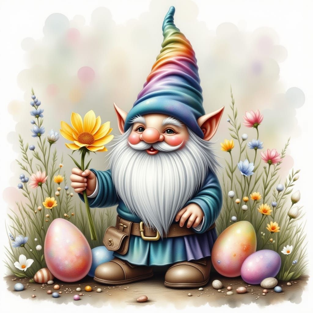 Whimsical Nordic Gnome Surrounded by Easter Eggs