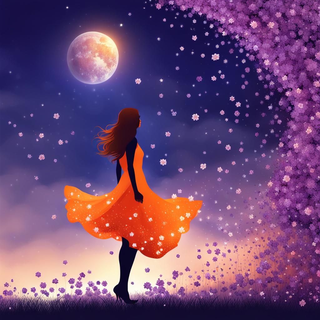 Hyperrealistic Silhouette of Redhead in Flowing Orange Dress