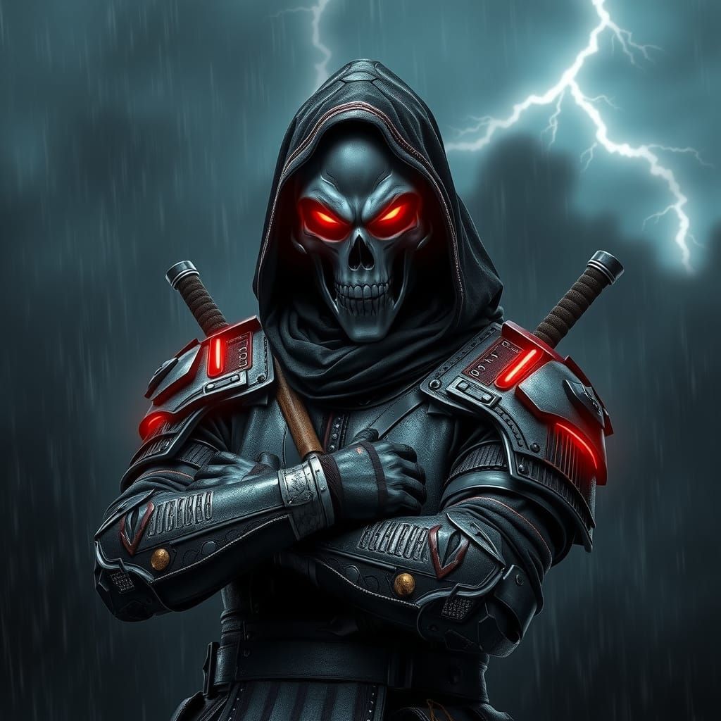 Futuristic Armored Ninja Skull Warrior in Storm