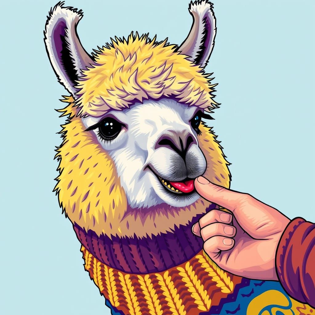 Alpaca's Gentle Lick: A Pop Surrealism Image