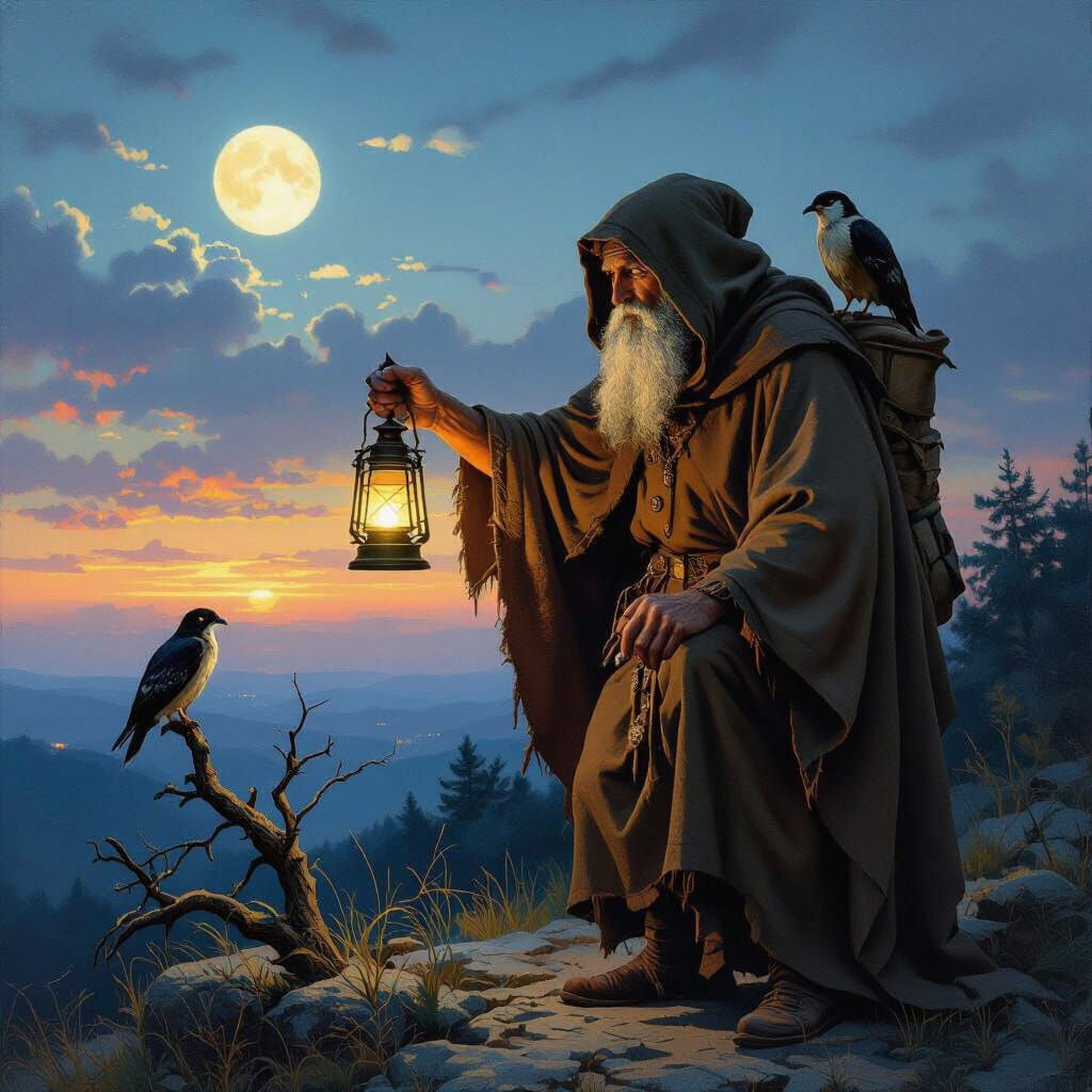 Moonlit Hermit with Lantern and Starry Cloak