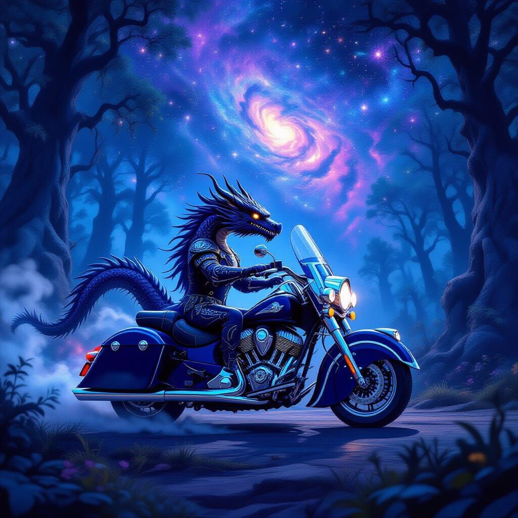 Dragon Rides Motorcycle Through Cosmic Forest at Night