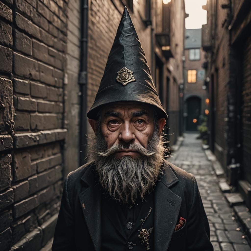 Gnome in Dim Alleyway: Neo-Noir Portrait
