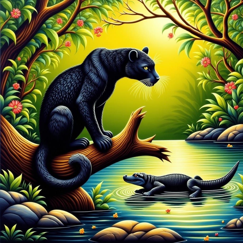 Black Jaguar Cub Portrait in Vibrant Jungle Scene