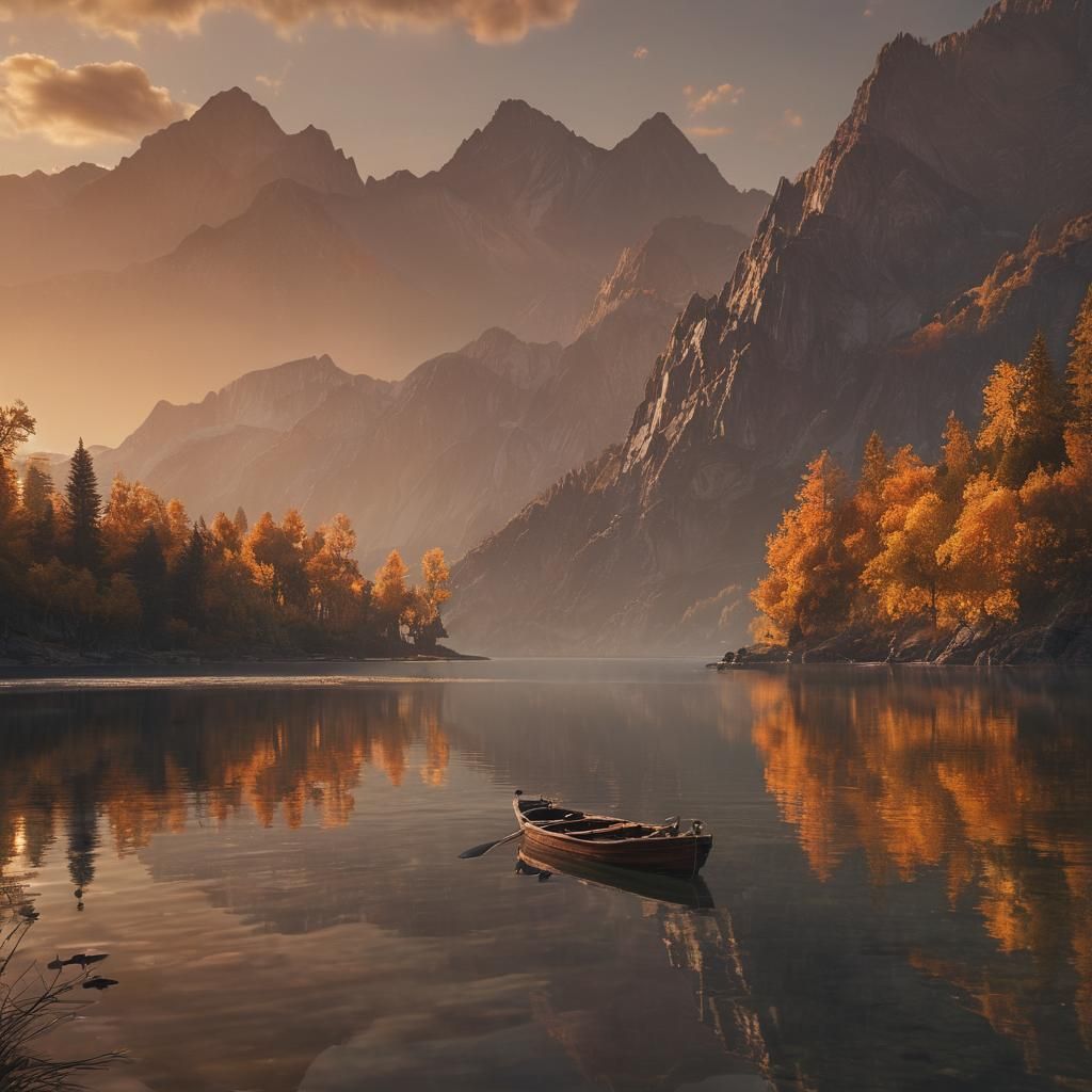 Sunset Lake Boat: Fantasy Matte Painting