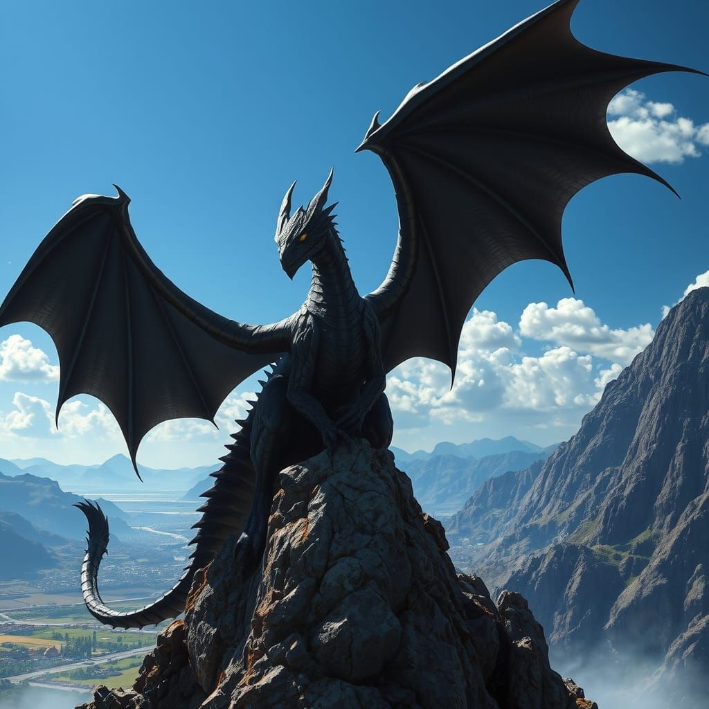 Black Dragon on Mountain Peak in Dark Fantasy Art