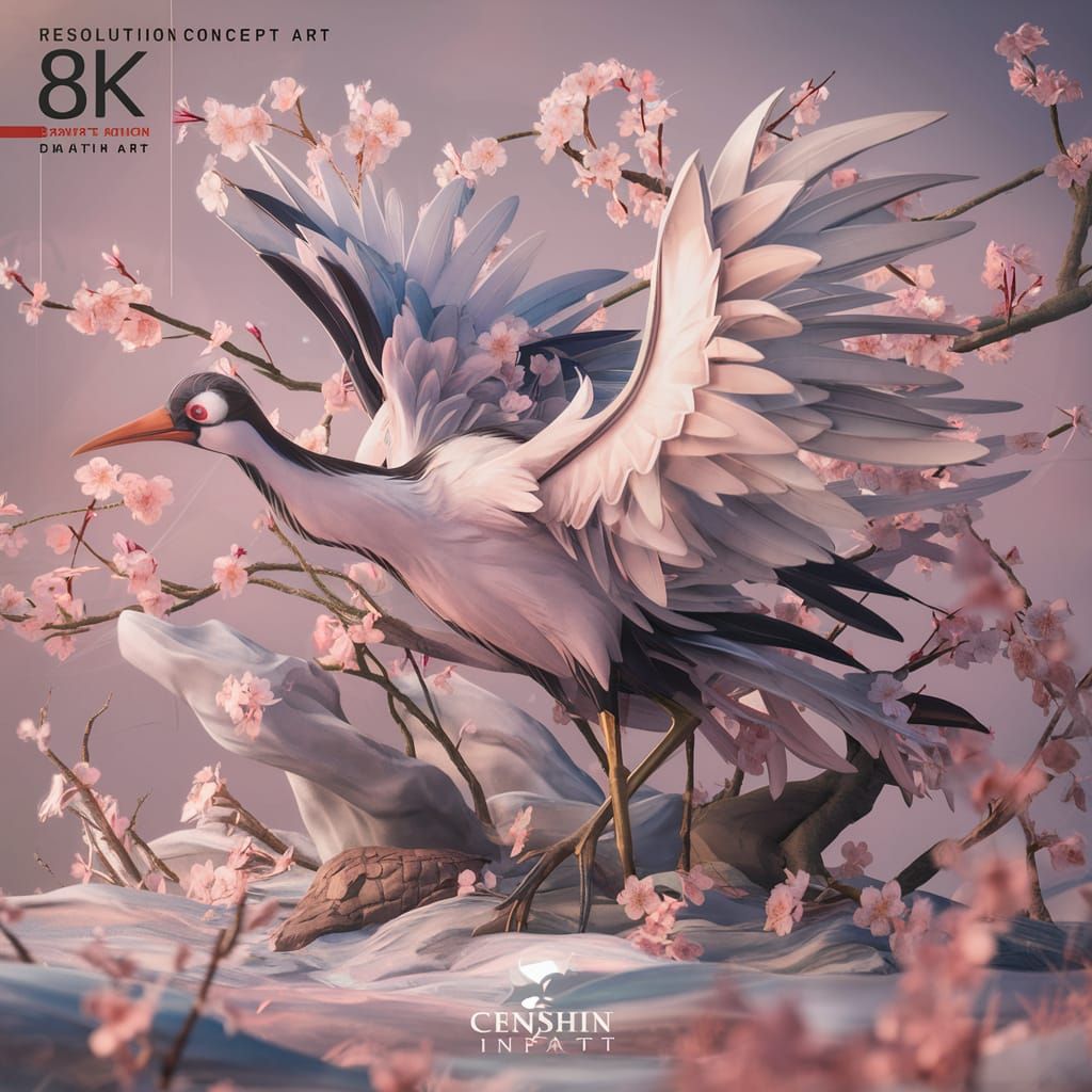 Stylized Crane Bird with Cherry Blossoms in Anime Style