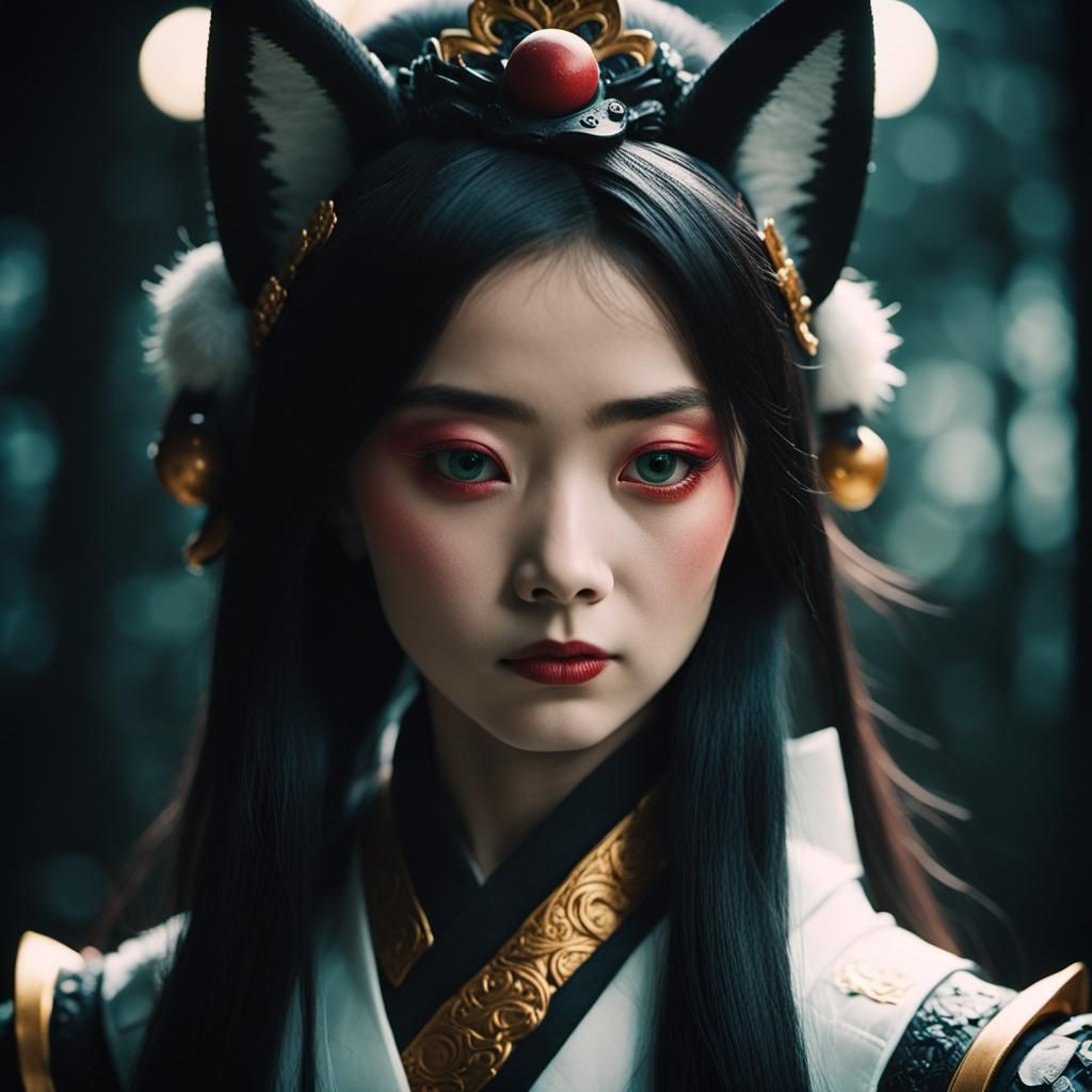Black Kitsune Princess in Cinematic Film Still