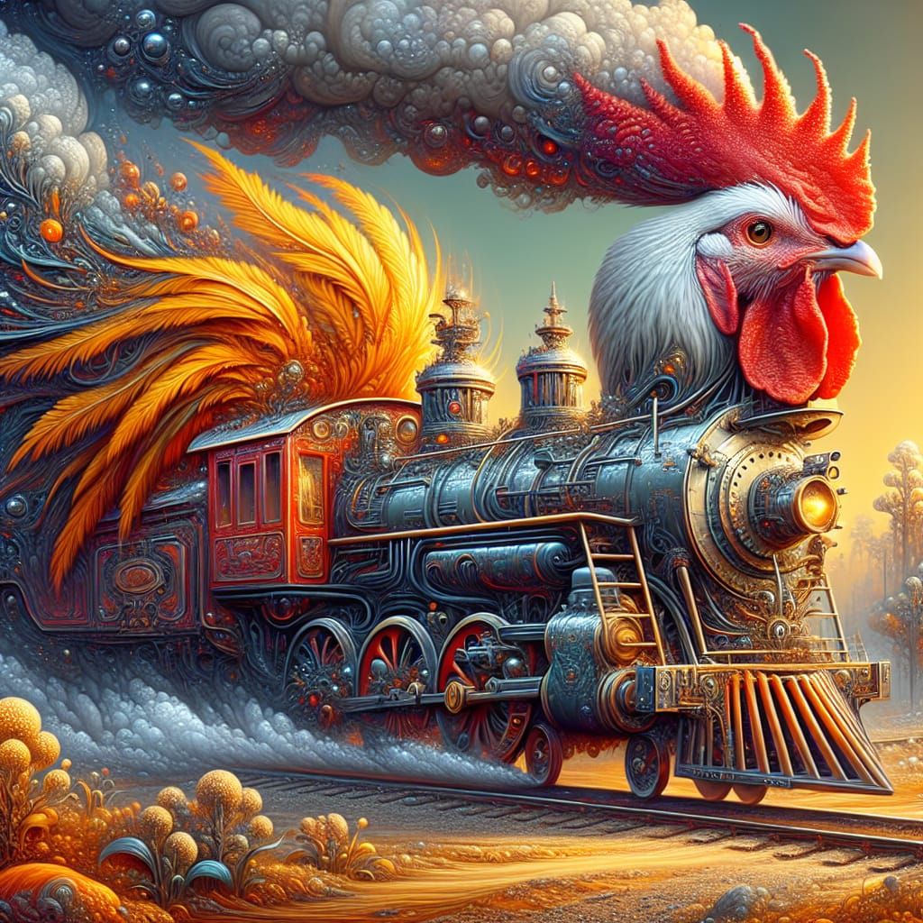 Fantastical Chicken Locomotive in Detailed Matte Painting