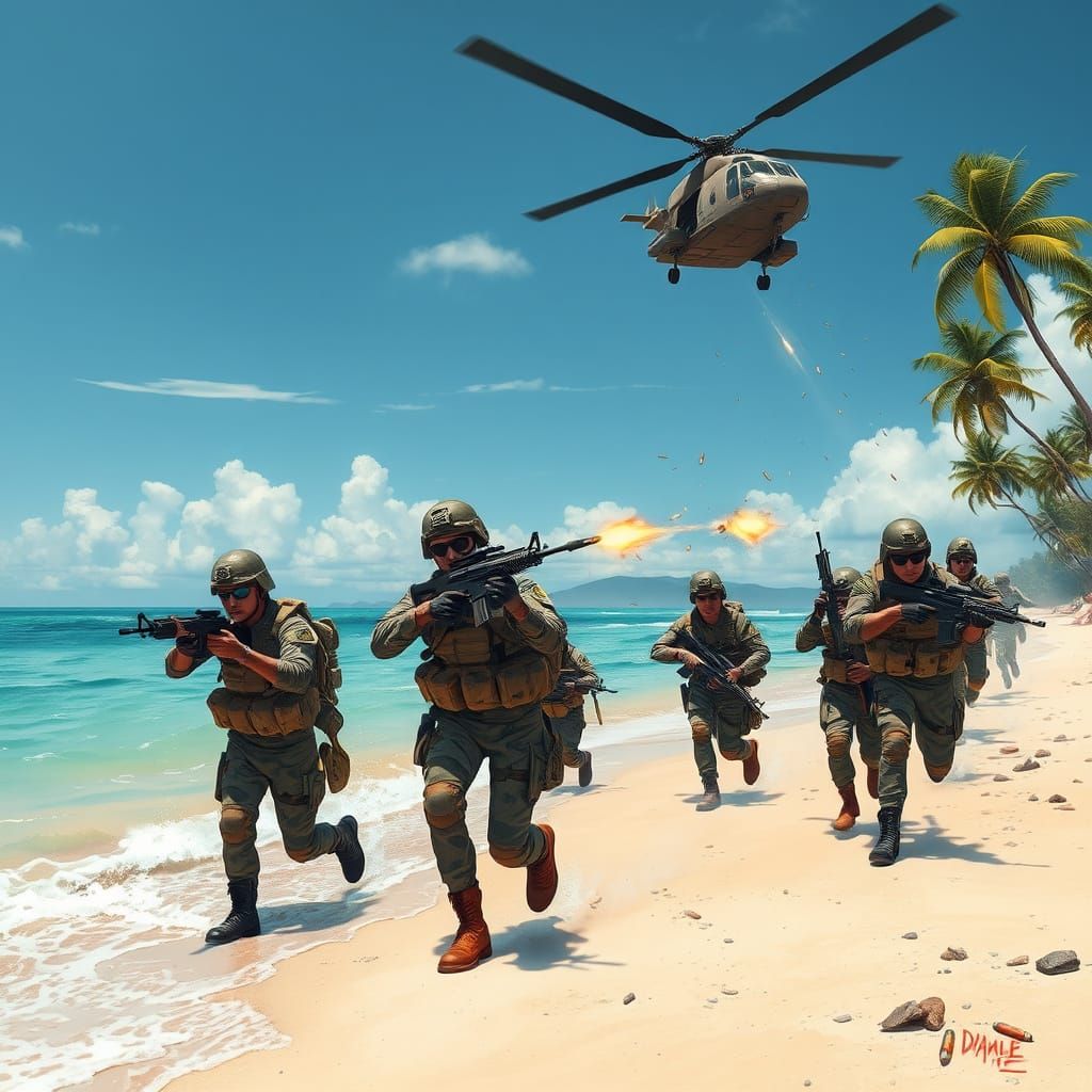 Soldiers on Beach Aiming at Helicopter